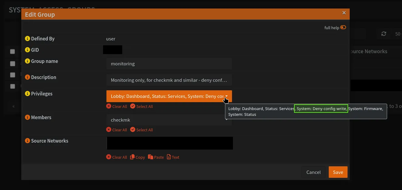 Setting permissions on a group in OPNsense